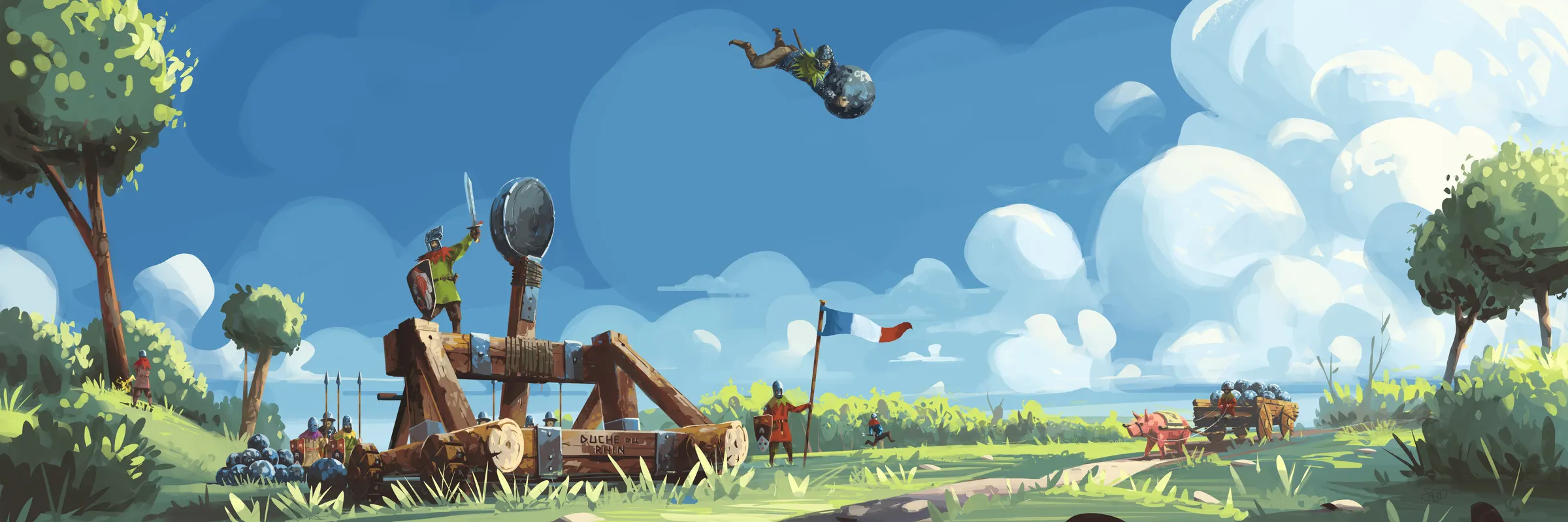 Illustration originale du Duché du Rhin : une catapulte portant le nom du clan, un porte-drapeau français, et une charrette tirée par un cochon