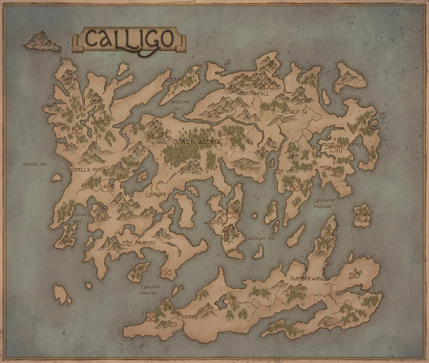 Carte dessinée à la main du continent de Calligo, ses côtes découpées et ses îles
