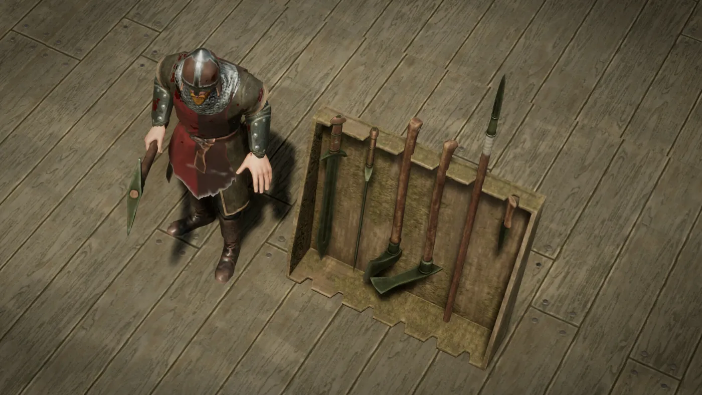 Un râtelier d’armes et d’outils de bronze posé au sol, un joueur à côté