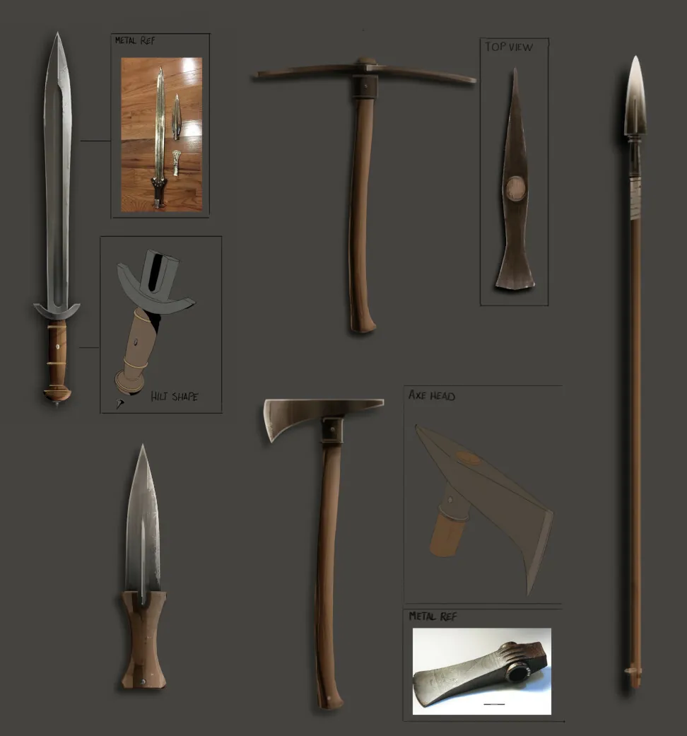 Planche de concepts des outils de bronze : lames, manches et emmanchements détaillés