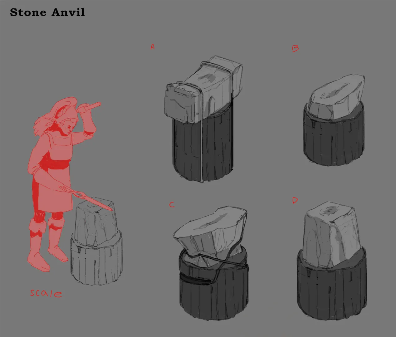 Planche de conception titrée Stone Anvil : quatre variantes de bloc de pierre posées sur leur billot, et une silhouette de forgeron en rouge pour l’échelle