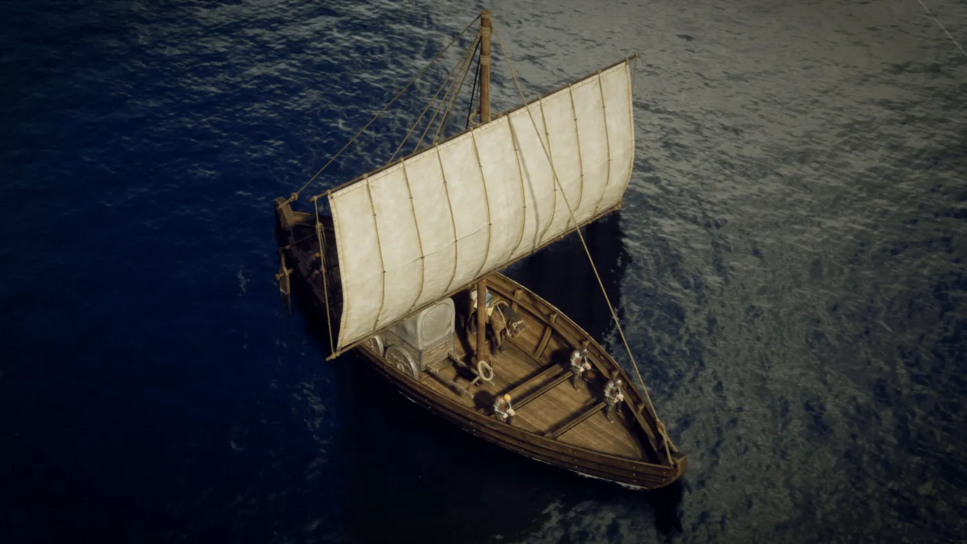 Un navire de bois toutes voiles dehors, vu de haut, fendant une mer sombre
