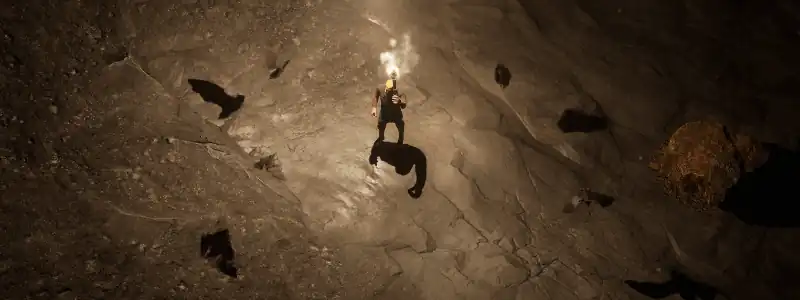 Un personnage torche à la main dans une caverne, des chauves-souris volant autour de lui