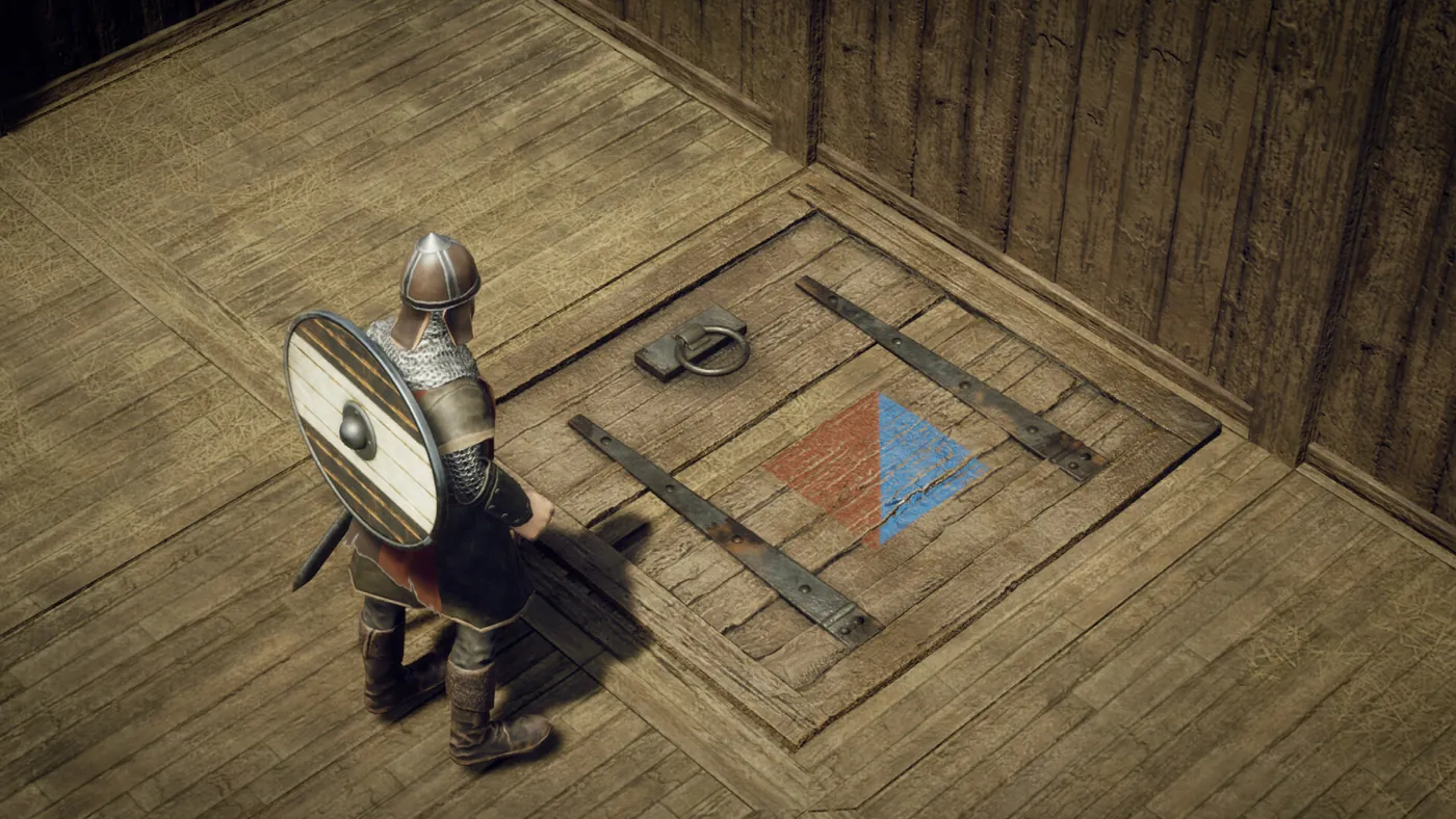 Une trappe de bois cerclée de fer, marquée d’un emblème rouge et bleu, à plat dans le plancher d’un bâtiment, un avatar debout à côté