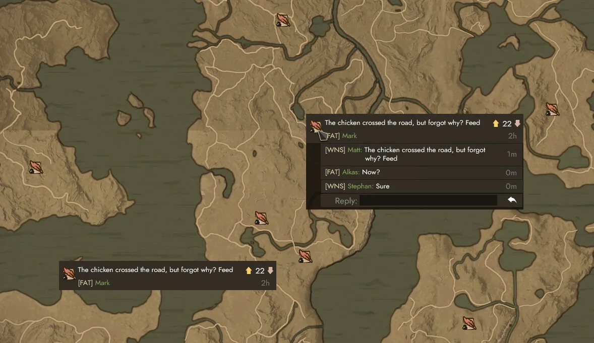 Carte du jeu avec un message posé dessus et son fil de commentaires ouvert