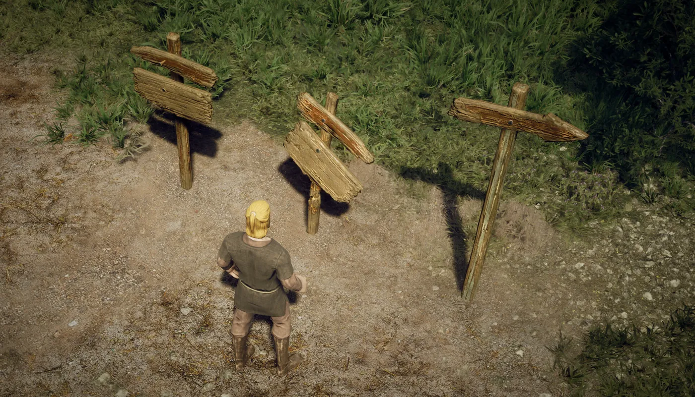 Trois modèles de panneaux de bois plantés au bord d'un chemin, un joueur devant