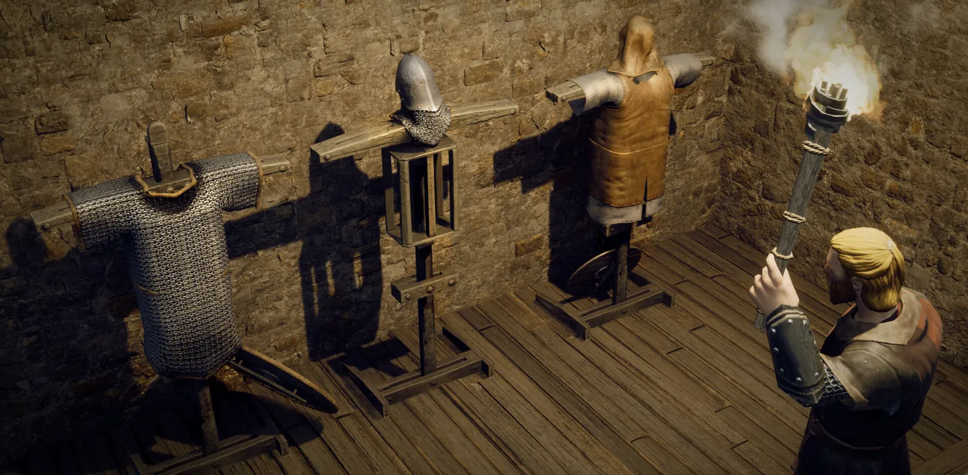 Trois armures exposées sur des supports de bois dans une salle de pierre, un joueur à la torche