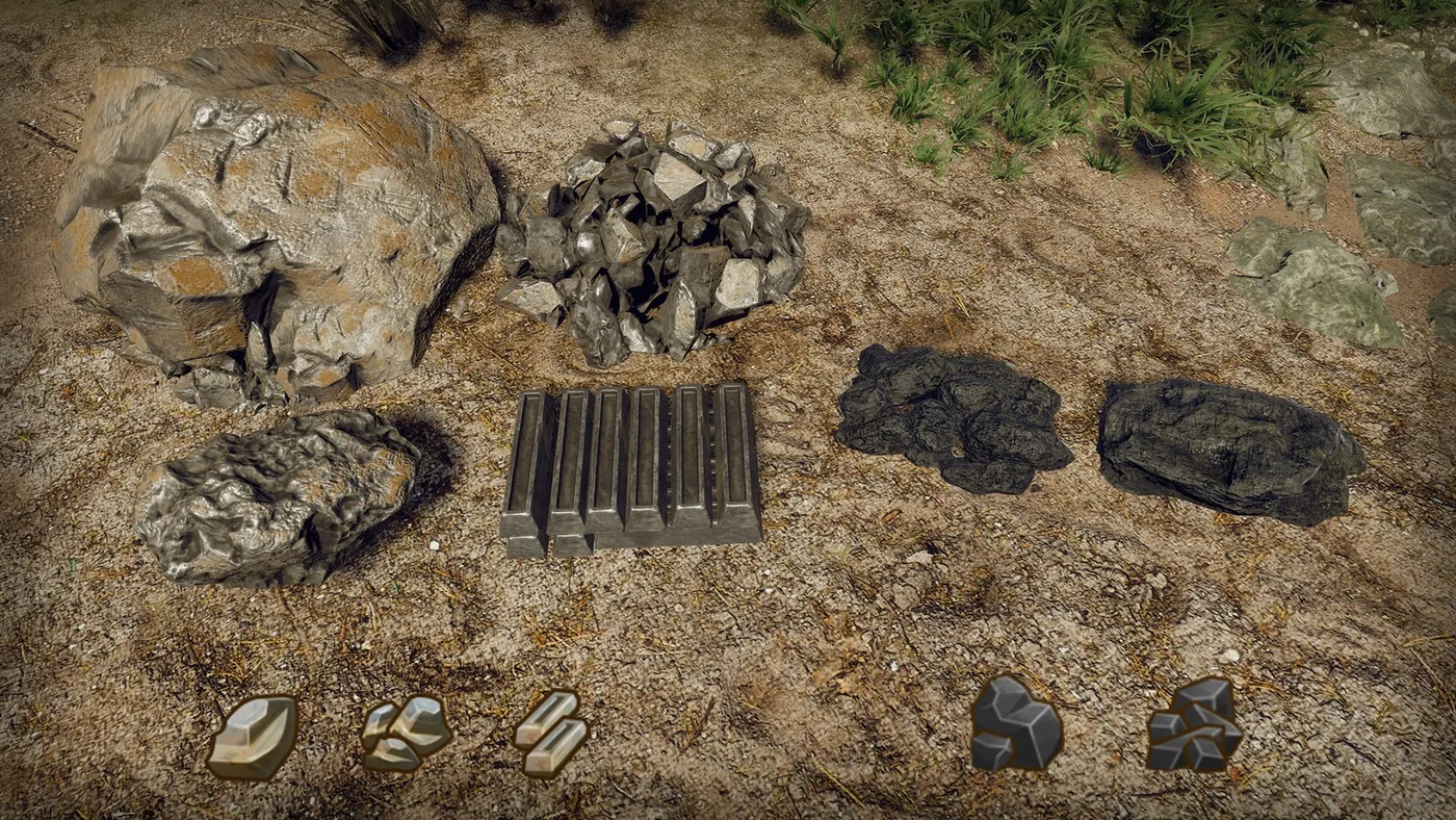 Un rocher de plomb, le minerai concassé à côté, et les lingots alignés devant