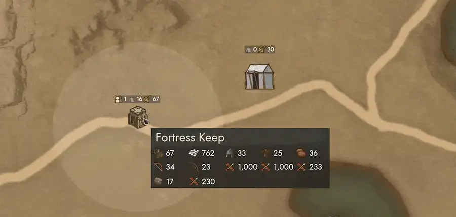 Infobulle de carte affichant le contenu du stock d'un Fortress Keep