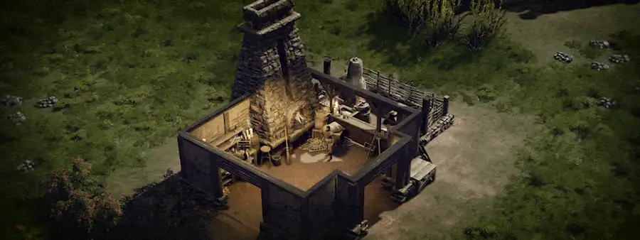 Un atelier de ville en pierre vu sans son toit, sa forge allumée et ses postes de travail