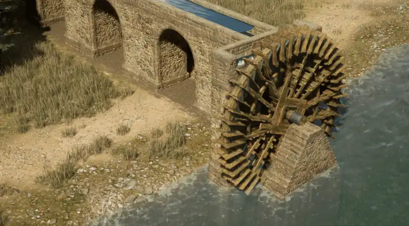 Une grande roue à aubes tournant dans une rivière, au pied d’un aqueduc de pierre à arcades
