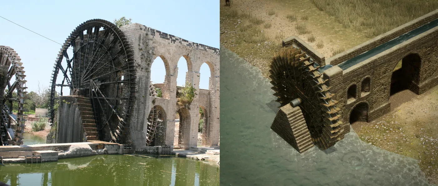 Gravure ancienne d'un dispositif d'élévation d'eau alimentant un aqueduc
