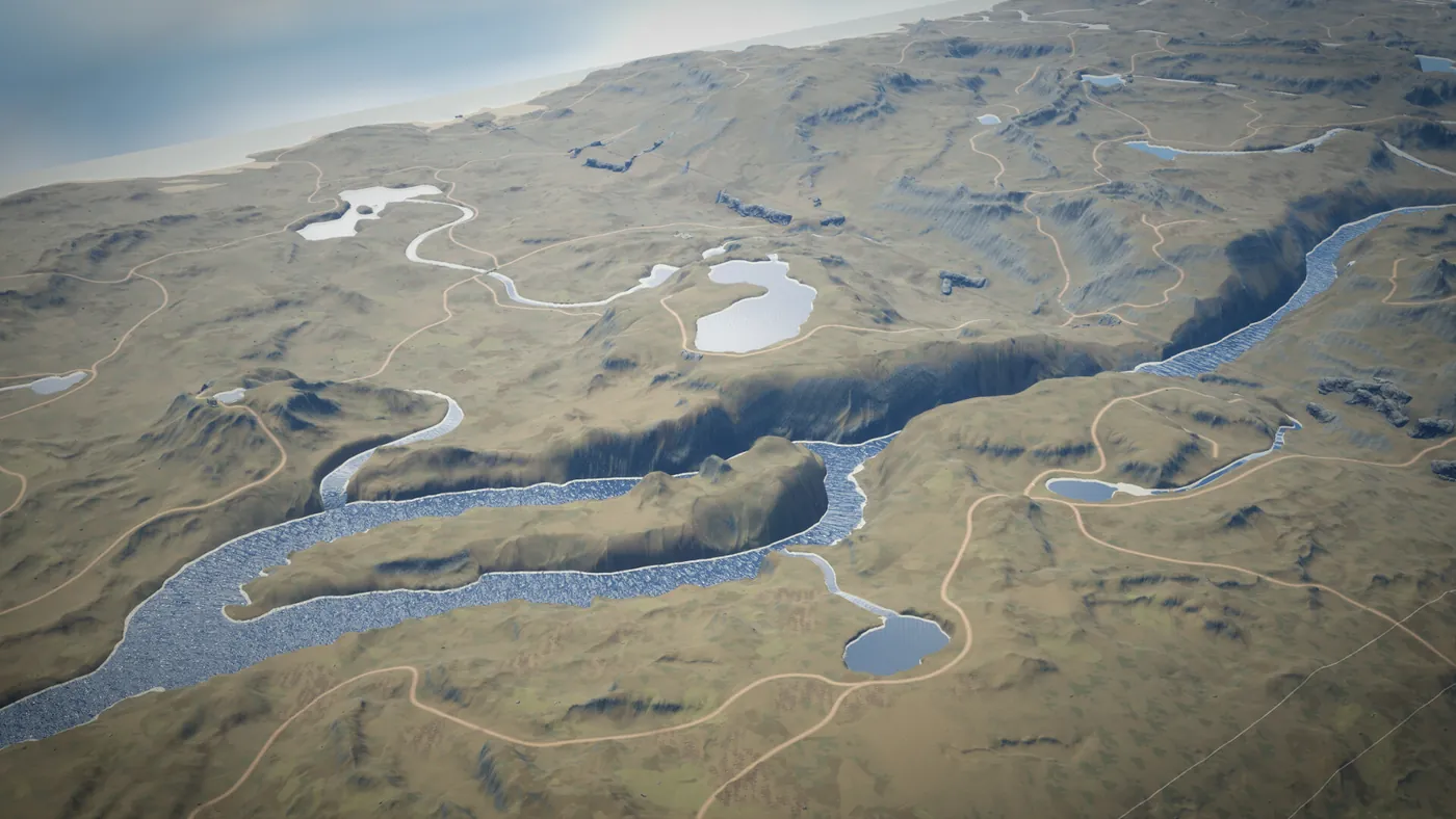 Un vaste paysage vallonné vu du ciel, ses rivières, ses lacs et ses chemins