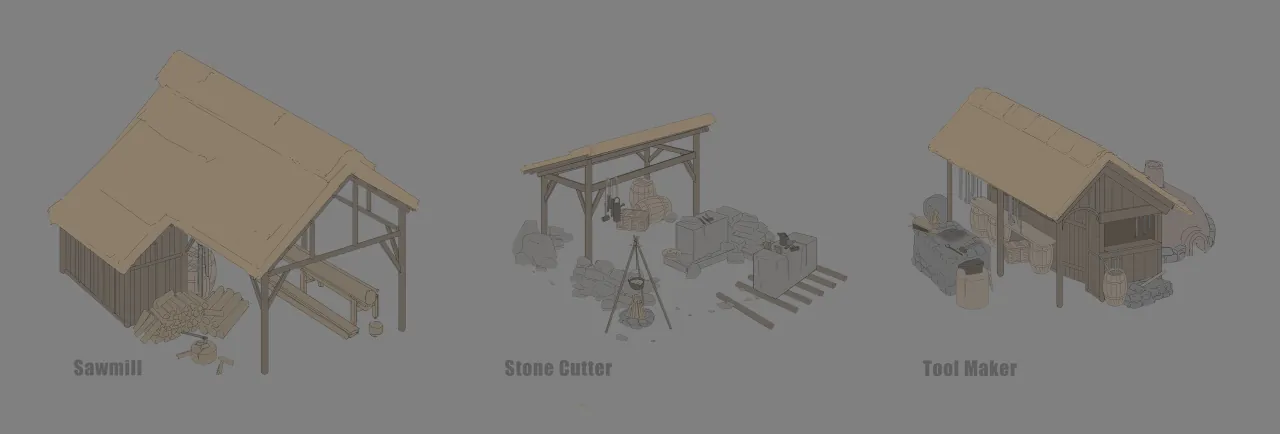 Planche grise de trois bâtiments de colonie légendés Sawmill, Stone Cutter et Tool Maker