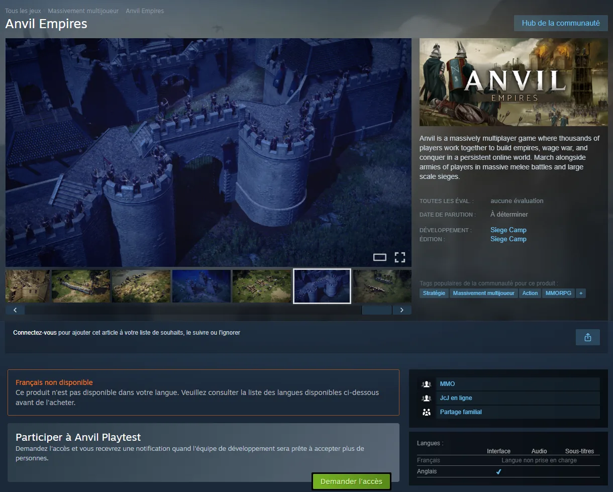 La page Steam d’Anvil Empires, avec le bouton Demander l’accès au playtest