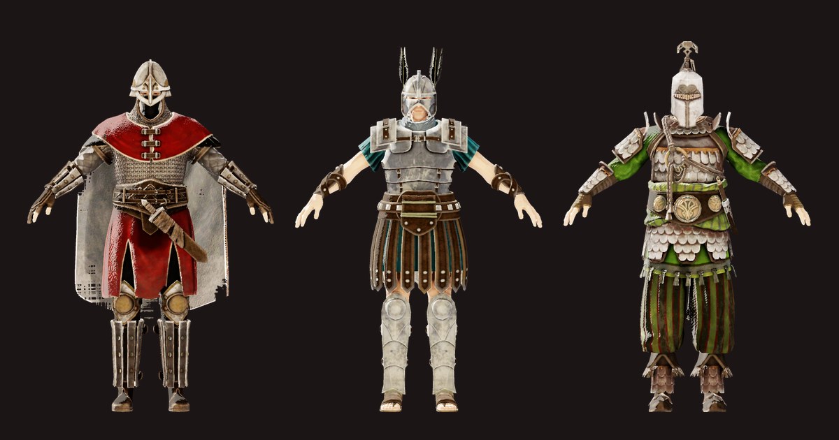 Les armures lourdes des Ancients, du Remnant et des Pagans côte à côte, rendus des modèles du jeu