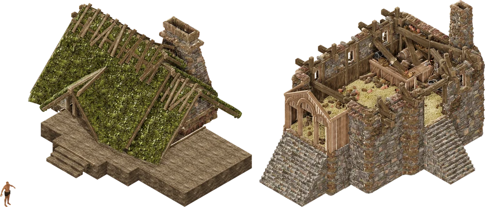 Le même avatar, minuscule, devant l’atelier de ville — un toit sur une plateforme — et la taverne, un bâtiment de pierre sans toit dont on voit l’intérieur
