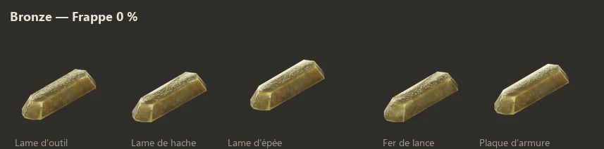 Animation : cinq lingots de bronze prennent peu à peu la forme d’une lame d’outil, d’une lame de hache, d’une lame d’épée, d’un fer de lance et d’une plaque d’armure