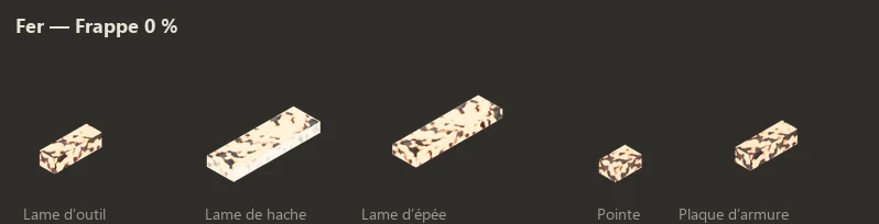 Animation : cinq lingots de fer chauds prennent peu à peu la forme d’une lame d’outil, d’une lame de hache, d’une lame d’épée, d’une pointe et d’une plaque d’armure, puis apparaissent froids après la trempe