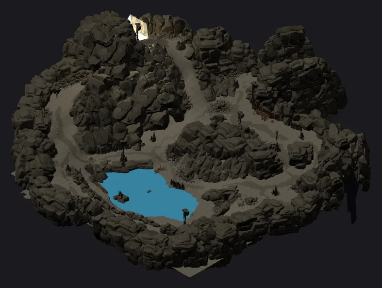 Une salle de grotte vue de trois quarts : un grand lac bleu, des allées entre les rochers, et en haut une lumière blanche