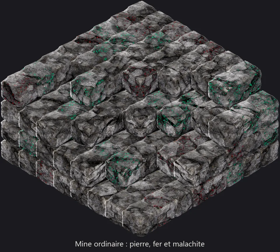 Animation : cinq mines de blocs gris empilés sur quatre rangs, entamées en gradins par un coin ; trois mêlent fer et malachite, une le charbon, une la cassitérite