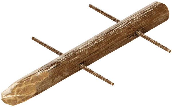 Un tronc de bois taillé en pointe, traversé de quatre poignées de branche