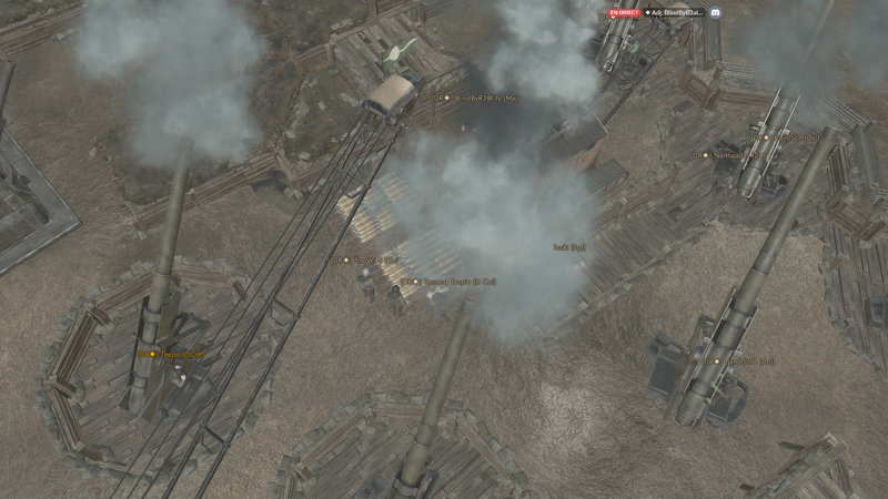 Position d’artillerie de la Division du Rhin sous la fumée, vue de dessus